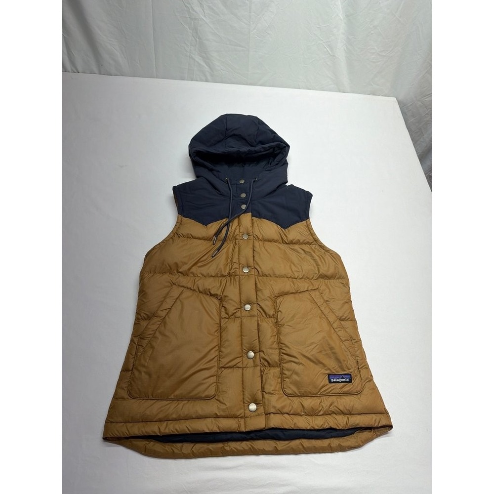 Patagonia Hooded Puffer Vest Brown Navy Blue Two Tone Snap Front Women Medium